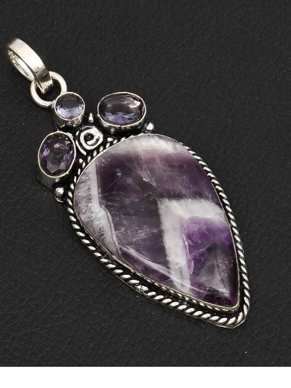 New! 925 Sterling Silver Overlay Chevron Amethyst Teardrop Pendant